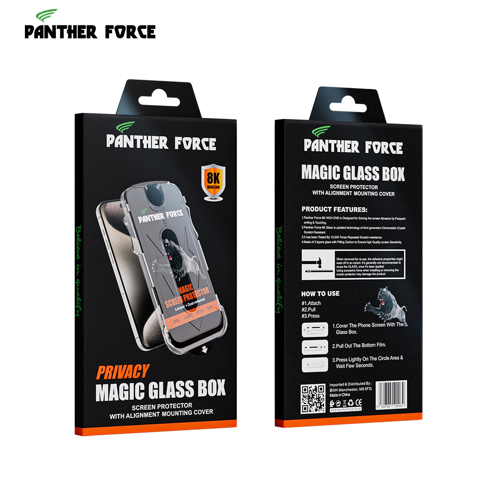 PANTHER FORCE 8K MAGIC GLASS BOX SCREEN PROTECTOR WITH PRIVACY & ALIGNMENT MOUNTING COVER FOR iPHONE 16 PANTHER FORCE 8K MAGIC GLASS BOX SCREEN PROTECTOR WITH PRIVACY & ALIGNMENT MOUNTING COVER FOR iPHONE 16